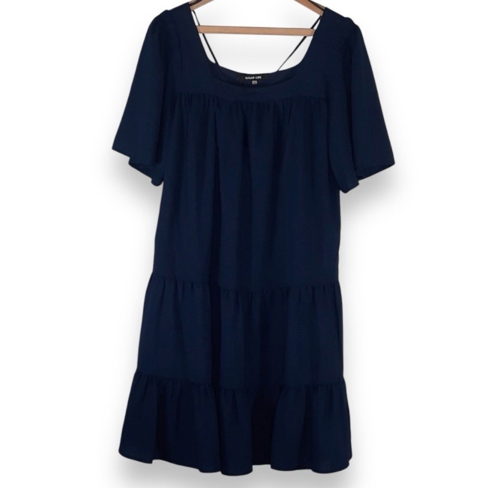 SugarLips Navy Tiered Babydoll Dress Square Neck Short Sleeve Small Mini Dress - Picture 8 of 8